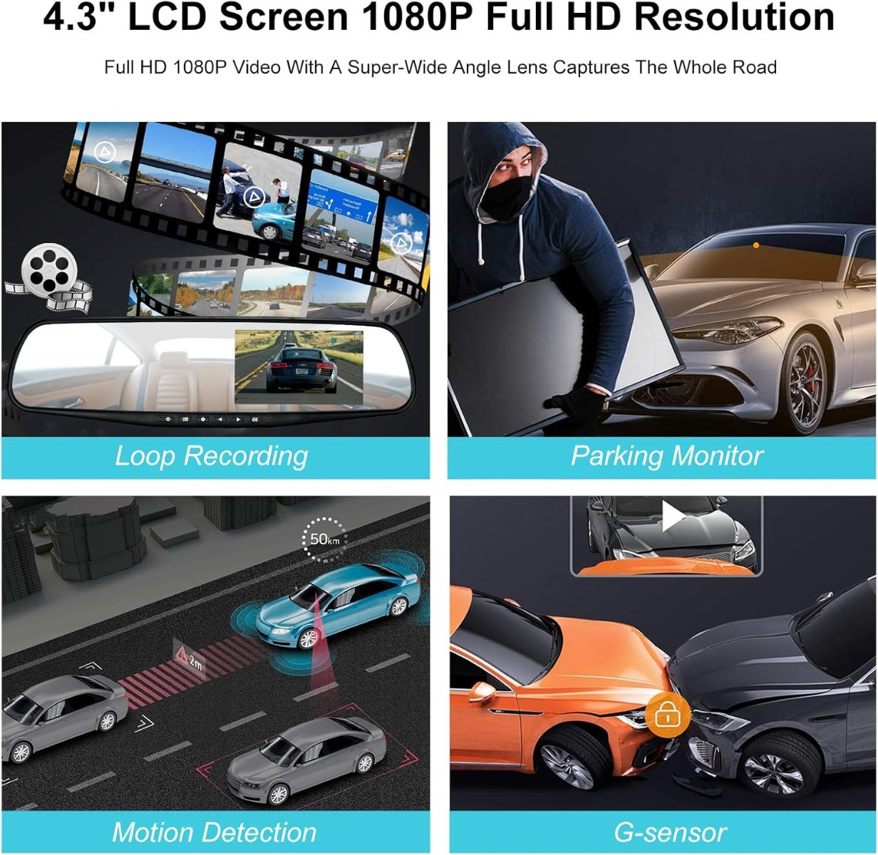 Telecamera per Auto Specchietto Retrovisore 4.3” Full HD 1080P – Dash Cam con Doppia Lente, Visione Notturna