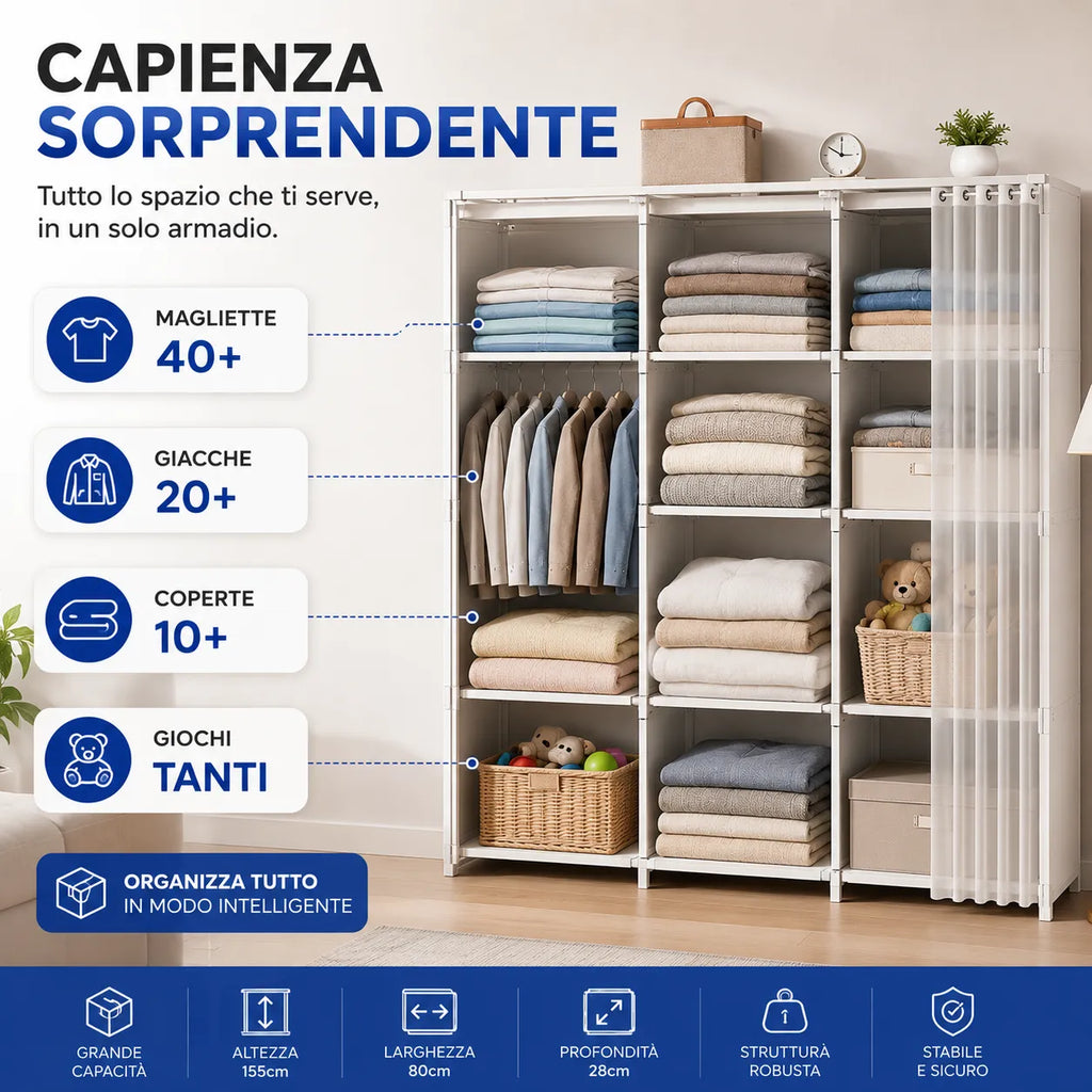 Armadio Guardaroba Salvaspazio con Tenda Scorrevole 155x80x28 cm – Organizzatore Multiuso per Camera, Cameretta e Lavanderia