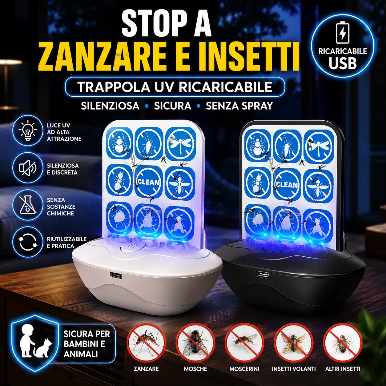 Trappola UV per Zanzare e Insetti Ricaricabile USB – Cattura Adesiva Silenziosa Senza Spray – Sicura per Bambini e Animali – Ideale per Casa, Camera da Letto, Balcone, Terrazza e Campeggio