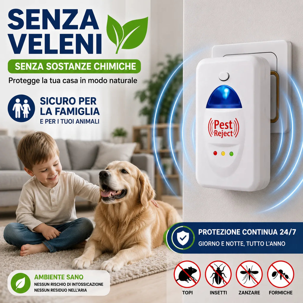 Pest Reject – Repellente Elettronico a Ultrasuoni per Topi, Scarafaggi, Formiche e Insetti – Protezione Continua 24/7 per Casa, Ufficio e Garage
