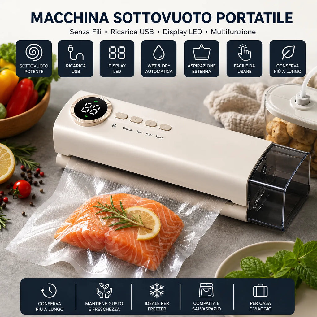 Macchina Sottovuoto Portatile Senza Fili Ricaricabile USB con Display LED Digitale | Sigillatrice Sottovuoto per Alimenti Umidi e Secchi Wet & Dry