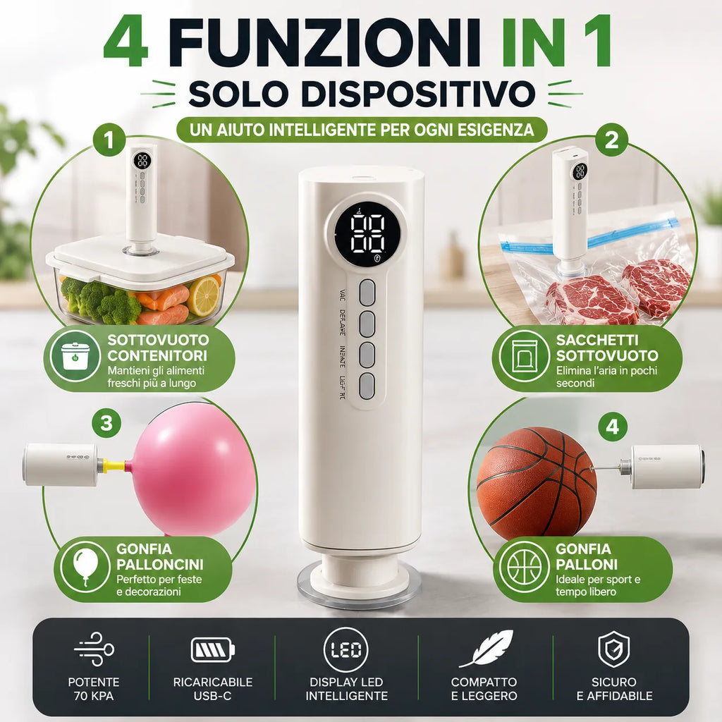 Macchina Sottovuoto Portatile Senza Fili Ricaricabile USB con Display LED Digitale | Sigillatrice Sottovuoto per Alimenti Umidi e Secchi Wet & Dry