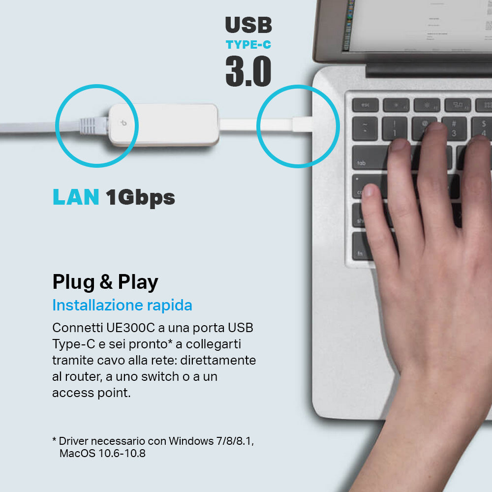 UE300C Adattatore di Rete da USB 3.0 Type C a Gigabit Ethernet TP-Link Showroom viveresmart.store & augmentedrealityoffers.com - P. IVA 02867250694 - DI PENTA ALESSIO - VIALE NETTUNO 167, 66023, FRANCAVILLA AL MARE (CH) - REA CH-438573