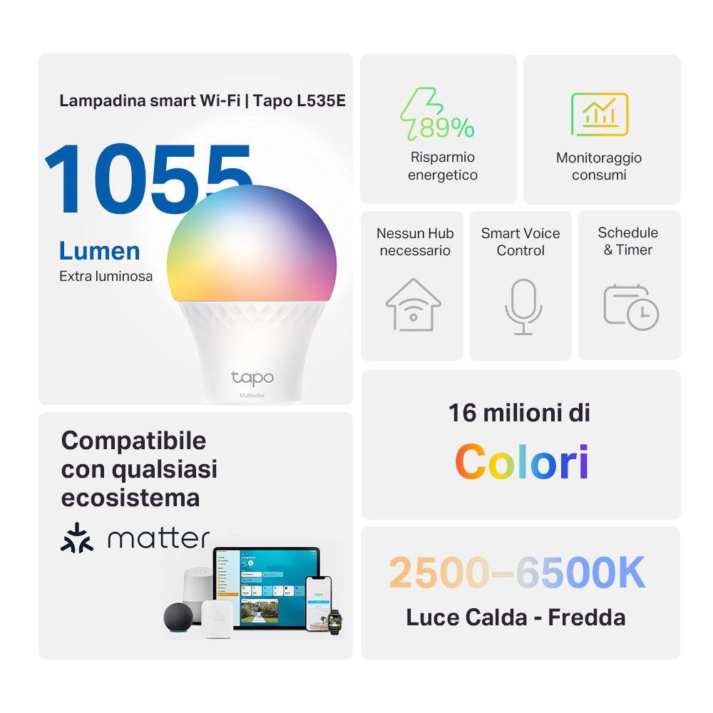 Tapo L535E Lampadina LED Smart Wi-Fi Multicolore E27, Extra-Luminosa, Controllo Vocale con Alexa, Certificata Matter