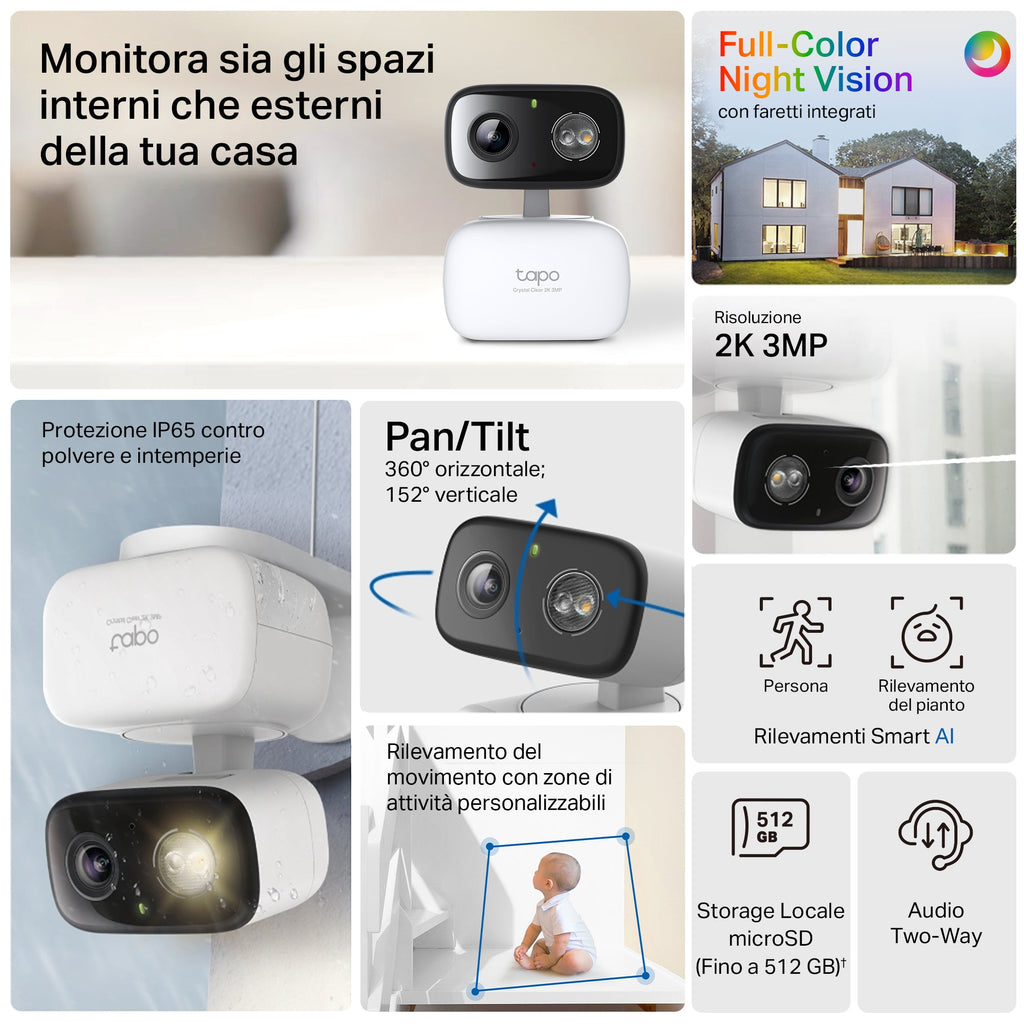 Tapo C216 Telecamera Wi-Fi Esterno/Interno 2K 3MP, 360° Visuale, Visione Notturna a Colori, ⚠️Non a batteria TP-Link Showroom viveresmart.store & augmentedrealityoffers.com - P. IVA 02867250694 - DI PENTA ALESSIO - VIALE NETTUNO 167, 66023, FRANCAVILLA AL MARE (CH) - REA CH-438573