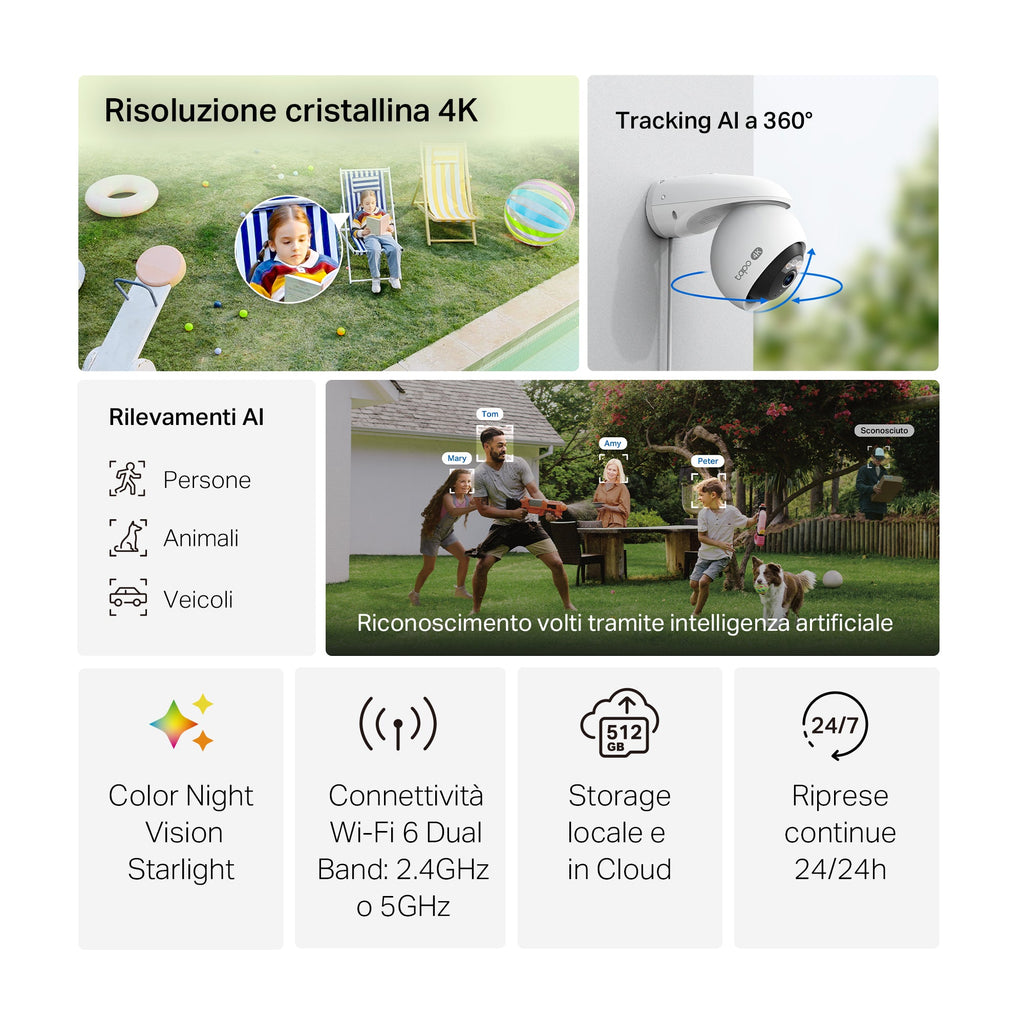 Tapo C560WS Telecamera Wi-Fi Esterno 4K 8MP, 360° Visuale, Visione Notturna a Colori Starlight, Wi-Fi/Ethernet, 2pz, ⚠️Non a batteria