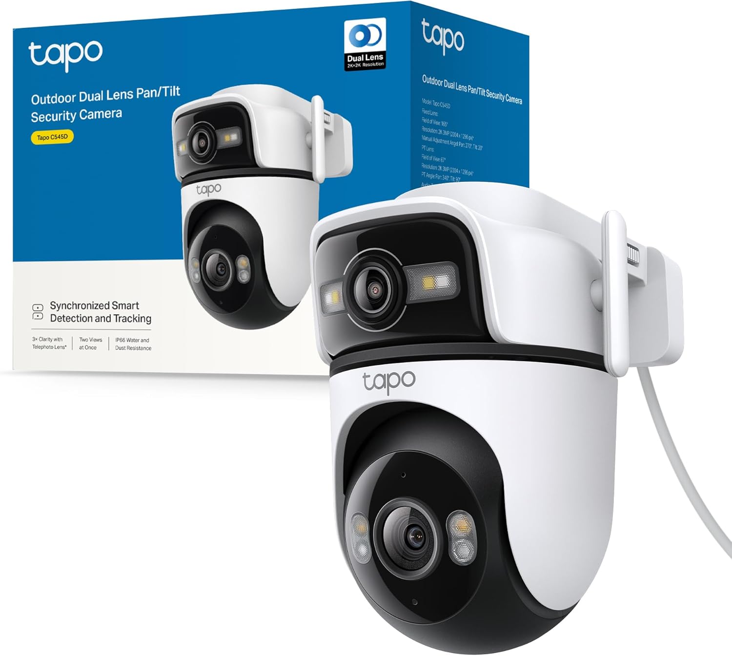 Tapo C545D Telecamera Wi-Fi Esterno/Interno Doppio Obbiettivo 2K 3MP, 360° Visuale, Visione Notturna a Colori, Rilevamento AI,⚠️Non a batteria