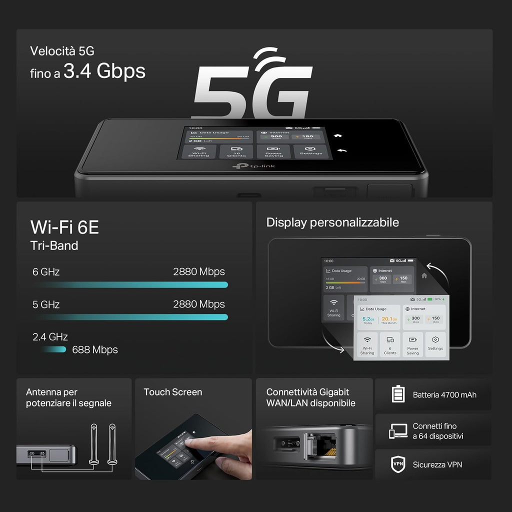M8550 Saponetta WiFi 5G, WiFi 6E AXE3600Mbps, Batteria da 4700mAh, Porta Gigabit, Touchscreen TP-Link Showroom viveresmart.store & augmentedrealityoffers.com - P. IVA 02867250694 - DI PENTA ALESSIO - VIALE NETTUNO 167, 66023, FRANCAVILLA AL MARE (CH) - REA CH-438573