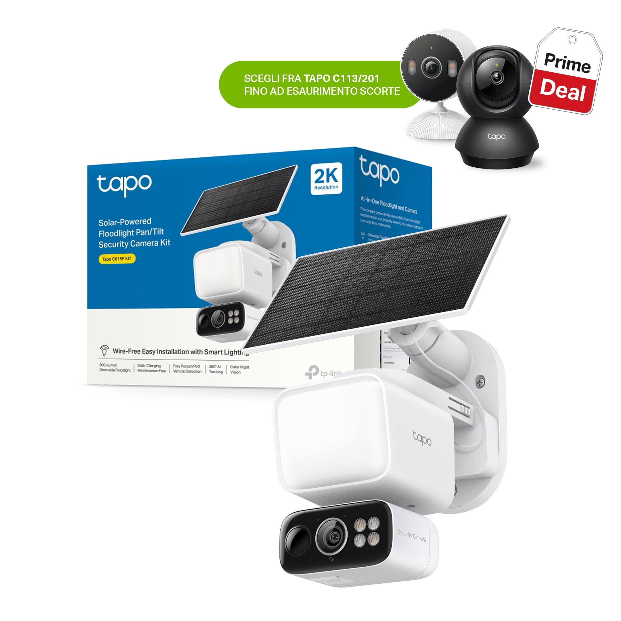Tapo C615F KIT Telecamera WiFi Esterno 2K 3MP Senza Fili con Pannello Solare, Tracking AI 360°, Batteria 10400mAh