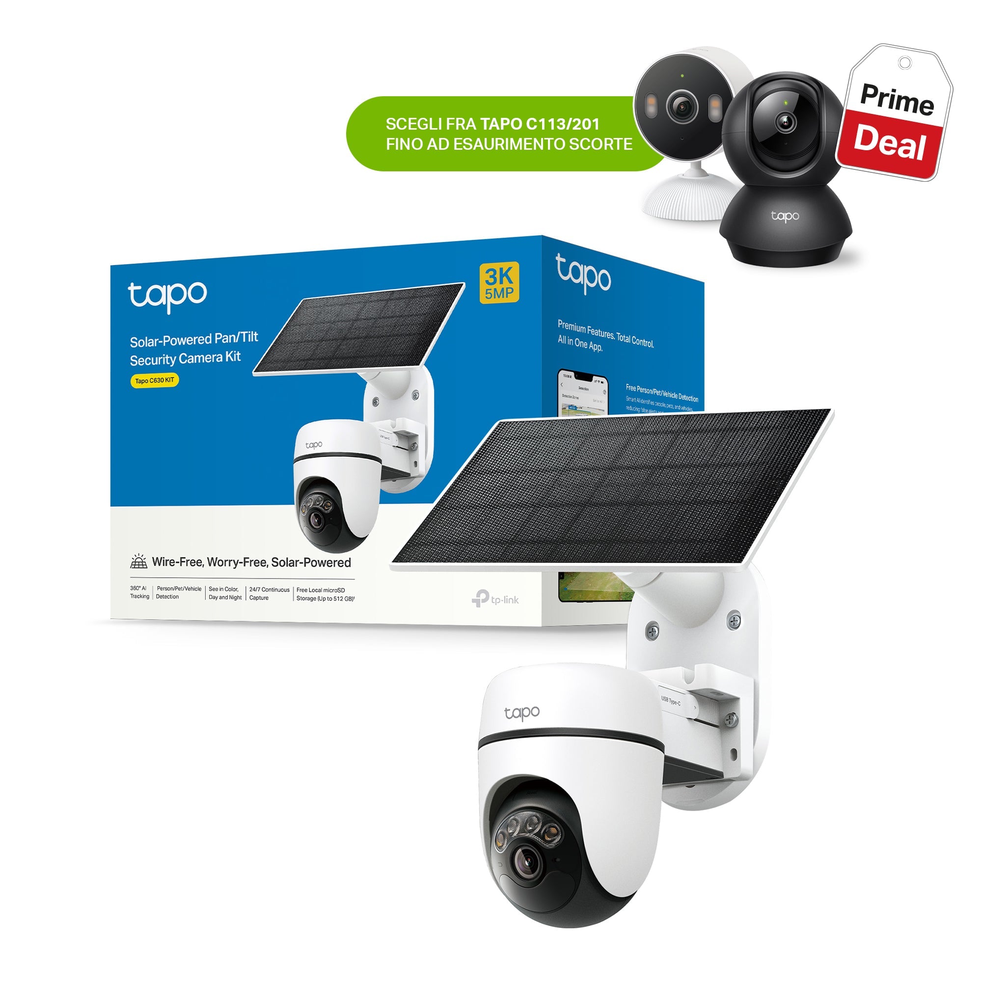 Tapo C630 KIT Telecamera Wi-Fi Esterno 3K 5MP Senza Fili con Pannello Solare, 360° PTZ, Batteria 6700mAh