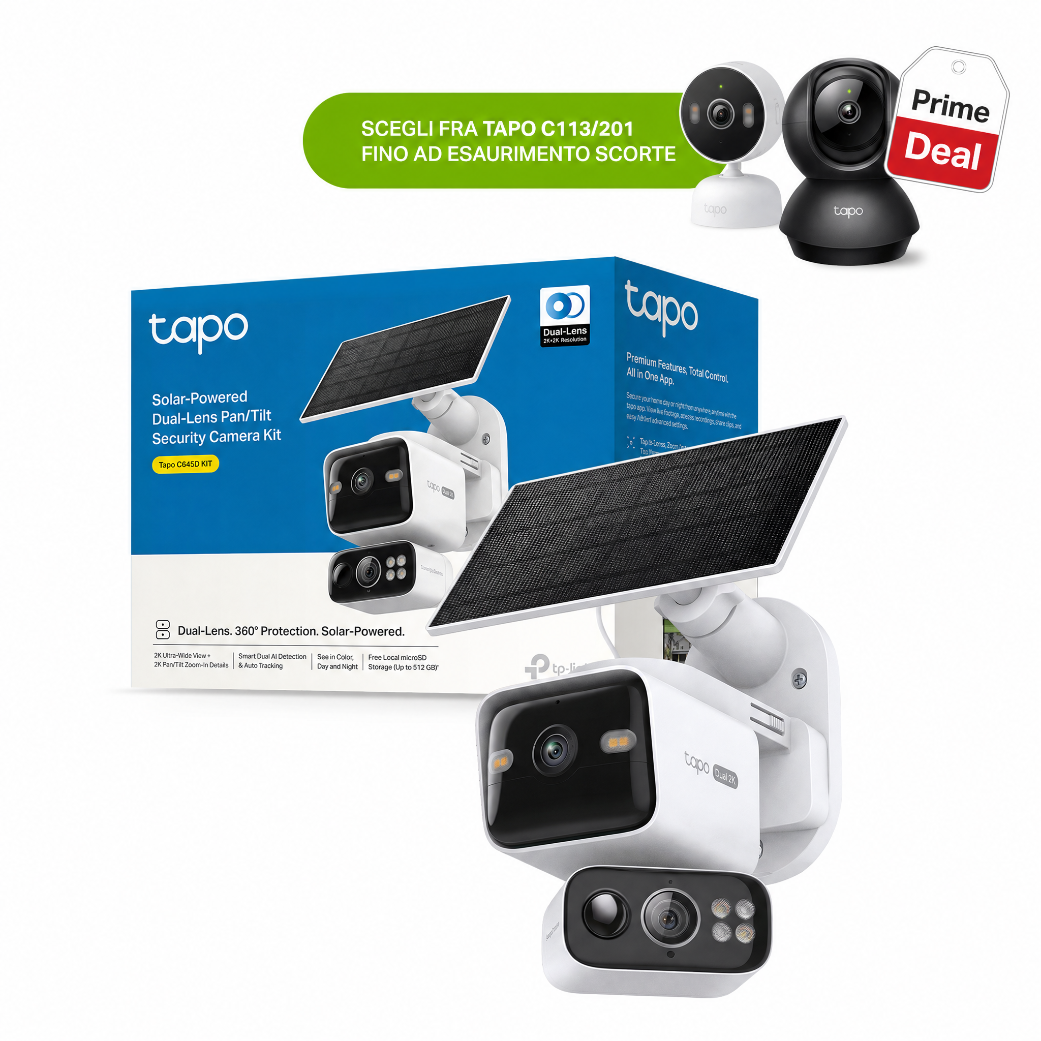 Tapo C645D KIT Telecamera Wi-Fi Esterno a Batteria con Doppio Obiettivo 2K 3MP, Pan/Tilt 360°, Pannello Solare, Visione Notturna a Colori, Rilevamento AI senza Abbonamento