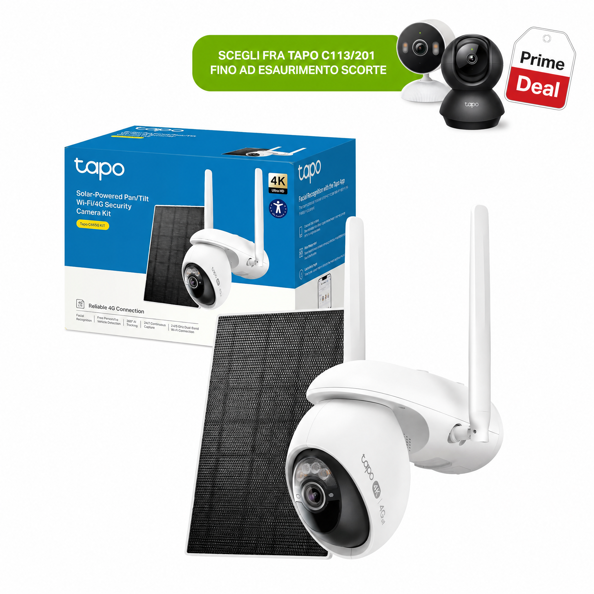 Tapo C665G KIT Telecamera 4G LTE da Esterno 4K 8MP con Pannello Solare, Pan/Tilt, Visione Notturna a Colori, Rilevamento AI, Registrazione 24/7