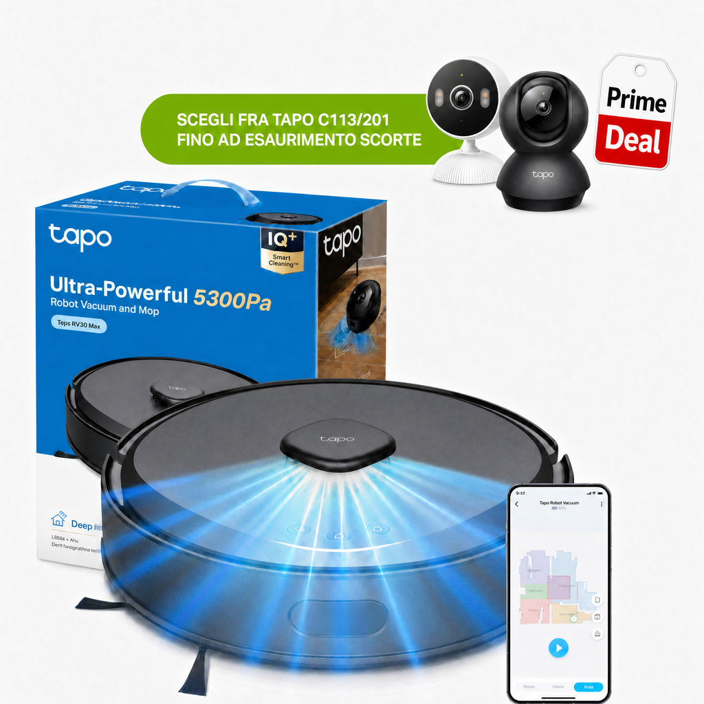 Tapo RV30 Max Robot Aspirapolvere, Doppia Navigazione LiDAR+IMU, ⚠️Offerta Prime Una Videocamera In Omaggio