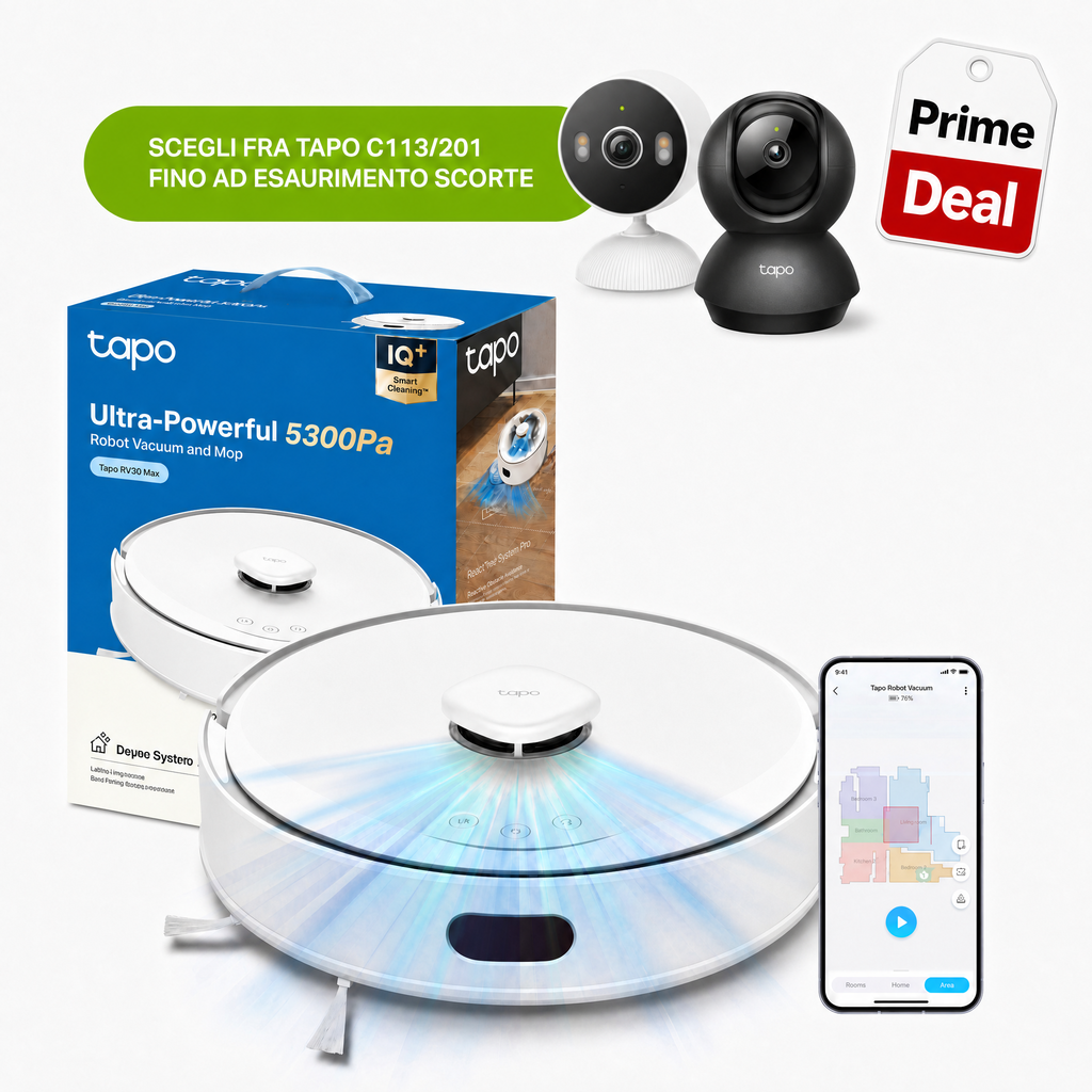 Tapo RV30 Max White Robot Aspirapolvere, Doppia Navigazione LiDAR+IMU, ⚠️Offerta Prime Una Videocamera In Omaggio