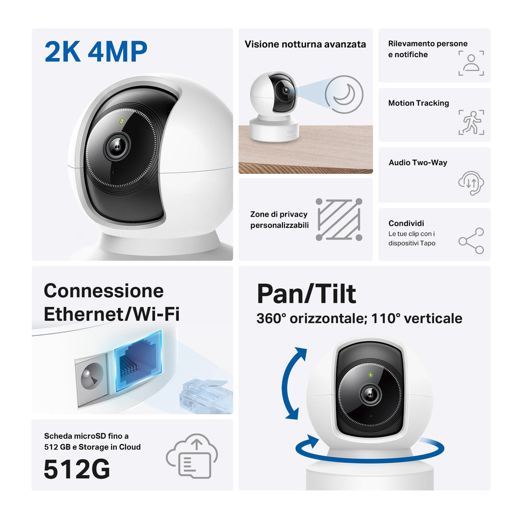 Tapo C222 Telecamera Wi-Fi Interno 2K 4MP, 360° Visuale, Porta Ethernet TP-Link Showroom viveresmart.store & augmentedrealityoffers.com - P. IVA 02867250694 - DI PENTA ALESSIO - VIALE NETTUNO 167, 66023, FRANCAVILLA AL MARE (CH) - REA CH-438573