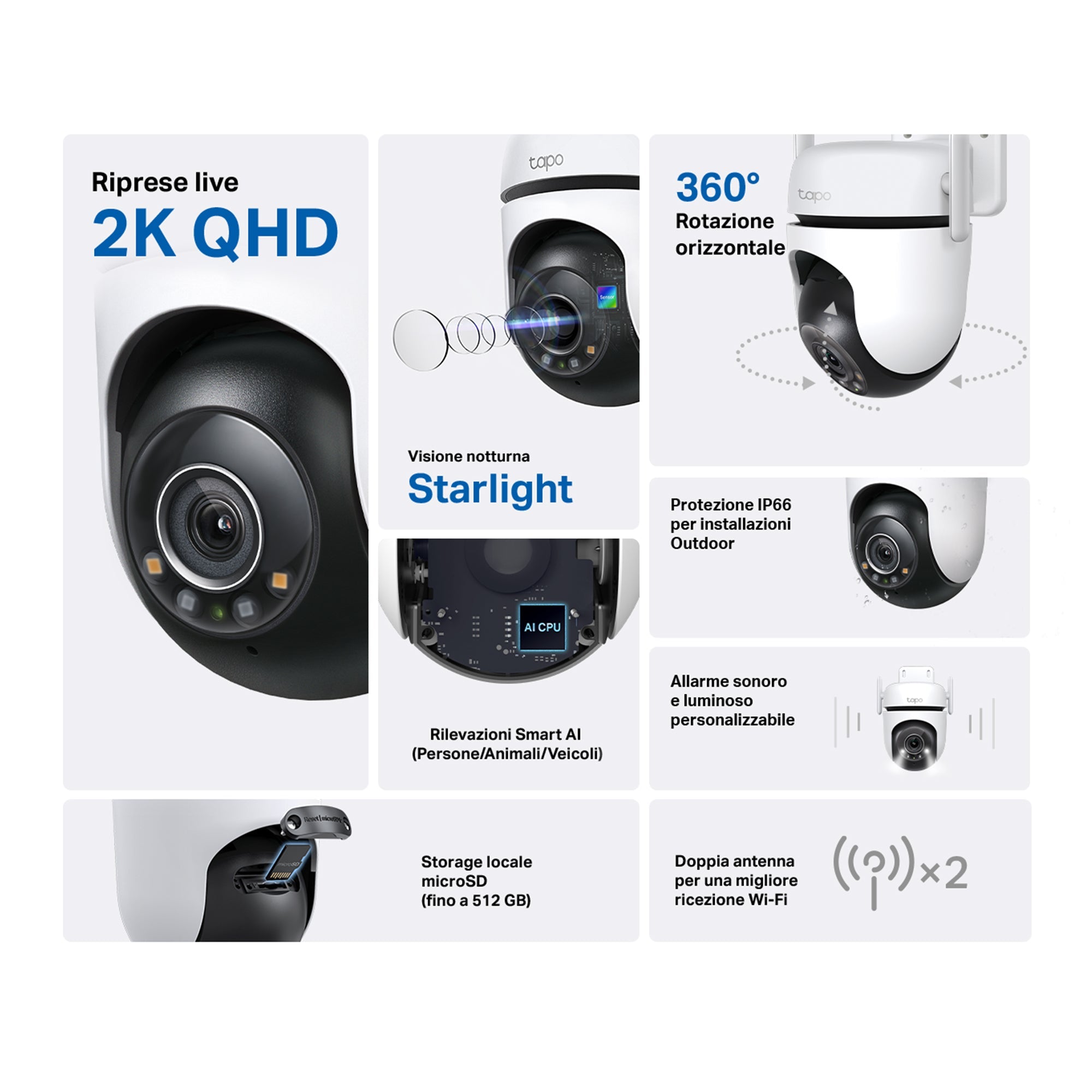 Tapo C520WS Telecamera Wi-Fi Esterno 2K 4MP, 360° Visuale, Visione Notturna a Colori Starlight, Wi-Fi/Ethernet, 2pz, ⚠️Non a batteria