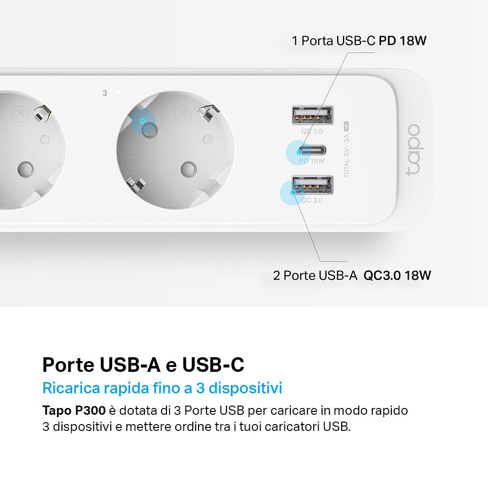 Tapo P300 Multipresa Smart Wi-Fi Schuko 10A, Controlla Separatamente 3 Prese, Caricatore USB integrato 18W, Controllo Vocale con Alexa