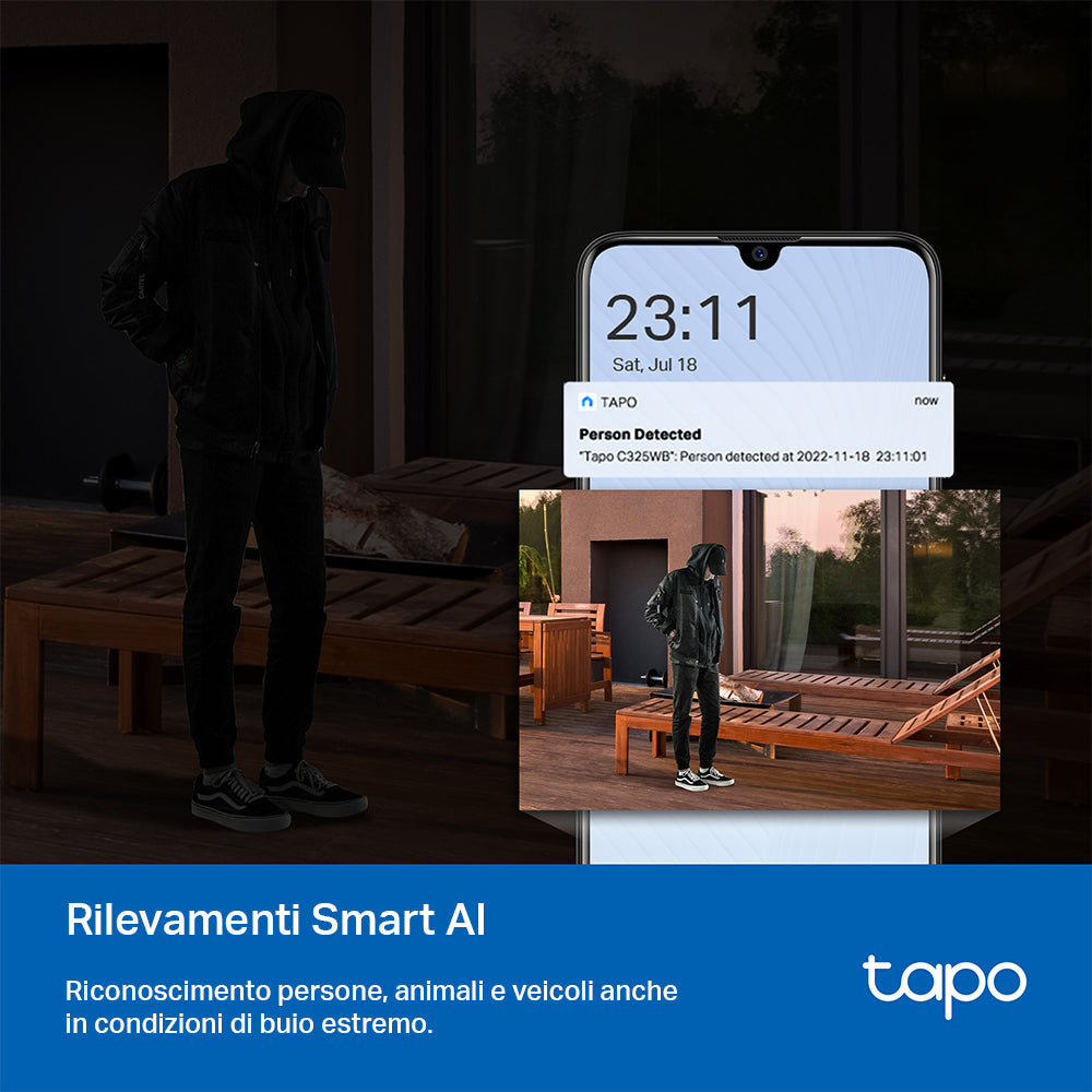 Tapo C325WB Telecamera Wi-Fi Esterno 2K 4MP, Visione Notturna ColorPro, Wi-Fi/Ethernet, ⚠️Non a batteria