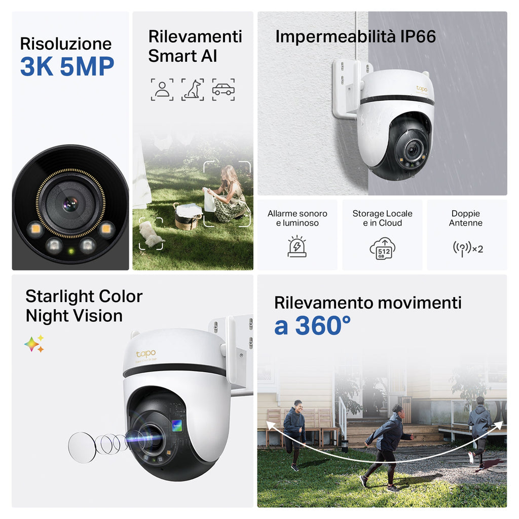 Tapo C530WS Telecamera Wi-Fi Esterno, 3K 5MP, 360° Visuale, Visione Notturna a Colori Starlight, Wi-Fi/Ethernet, 2pz, ⚠️Non a batteria