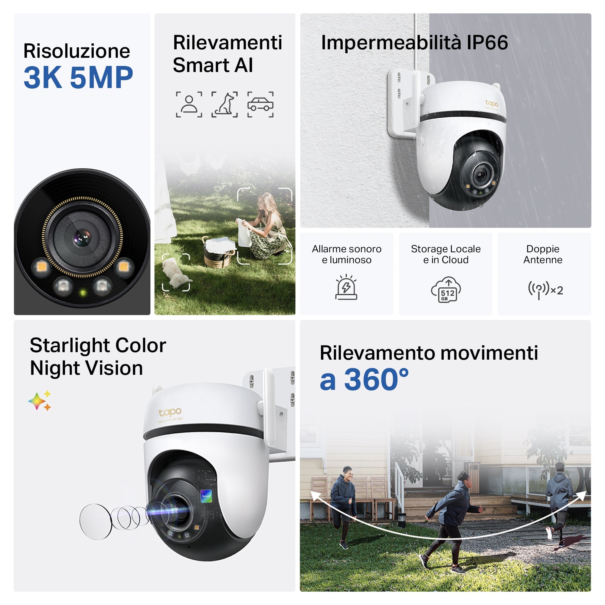 Tapo C530WS Telecamera Wi-Fi Esterno, 3K 5MP, 360° Visuale, Visione Notturna a Colori Starlight, Wi-Fi/Ethernet, 2pz, ⚠️Non a batteria