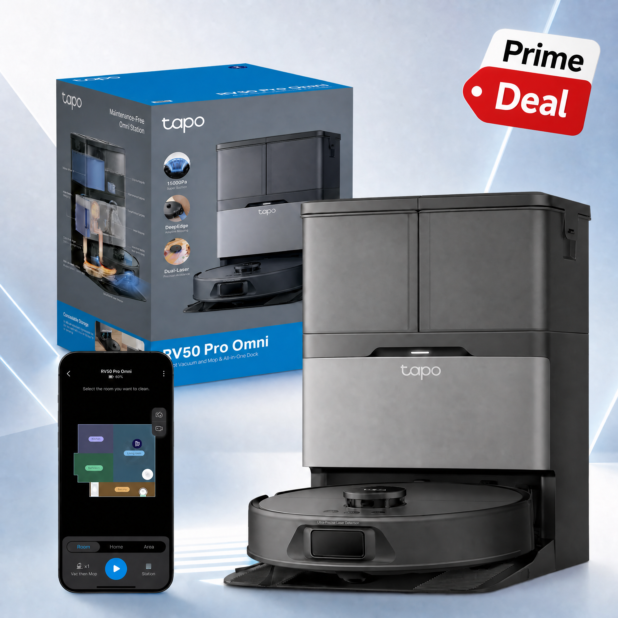 Tapo RV50 Pro Omni Robot Aspirapolvere Lavapavimenti 15000Pa con Base All-in-One