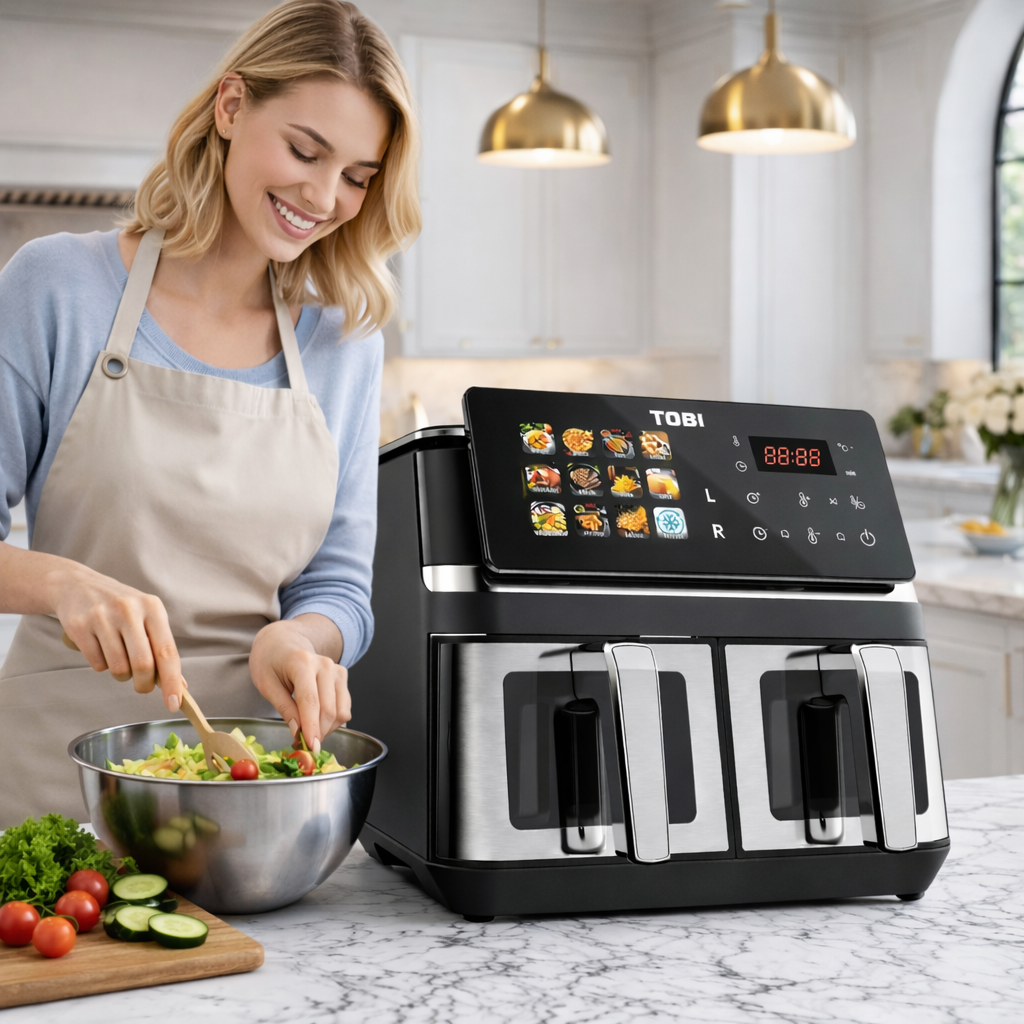Friggitrice ad Aria Doppio Cestello 15L TOBI TB-969 – 2400W con Display Touch Full Color, 2 Zone di Cottura Indipendenti, Timer e Programmi Automatici