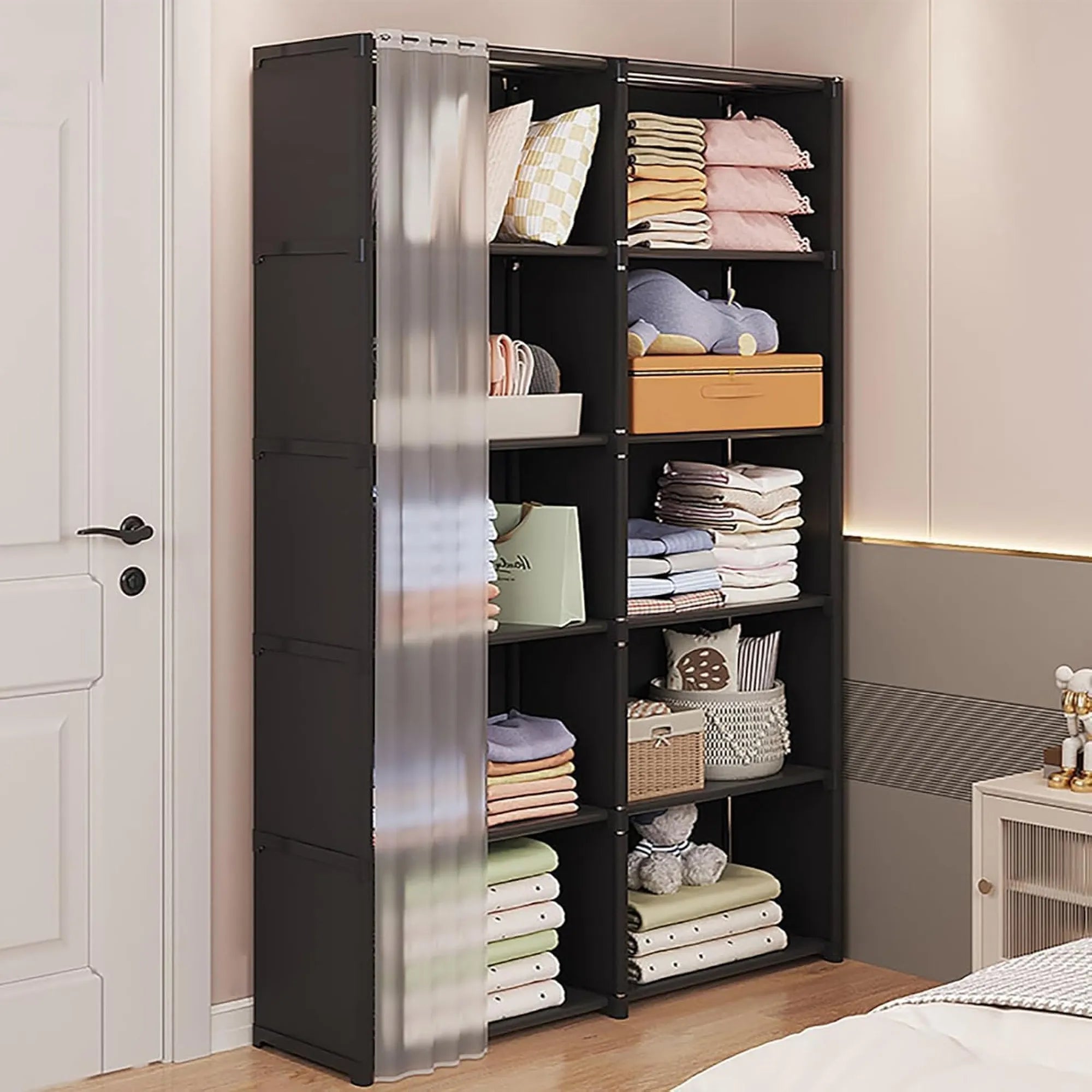 Armadio Guardaroba Salvaspazio con Tenda Scorrevole 155x80x28 cm – Organizzatore Multiuso per Camera, Cameretta e Lavanderia
