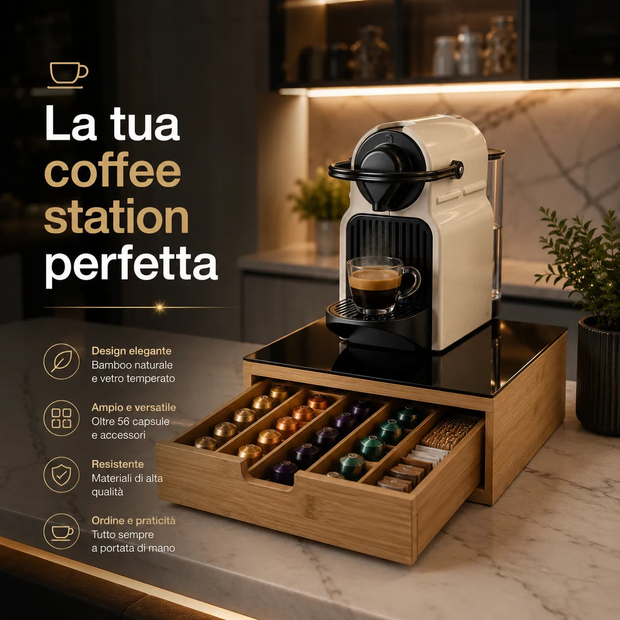 Cassetto Portacapsule e Cialde in Bamboo con Piano in Vetro – Organizer Salvaspazio per Macchina Caffè – Nero Lucido o Marmo Bianco – Fino a 56 Capsule
