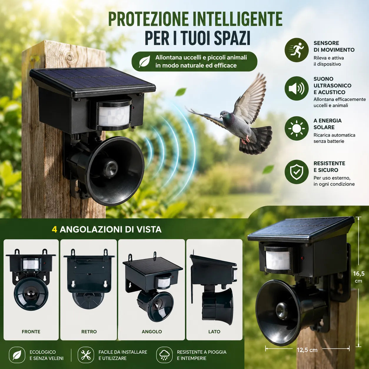 Dissuasore Scaccia Volatili con Sensore PIR – Allontana Piccioni, Colombi, Merli, Storni e Uccelli – Suoni Falco Gufo Aquila – Copertura fino a 4000 m²