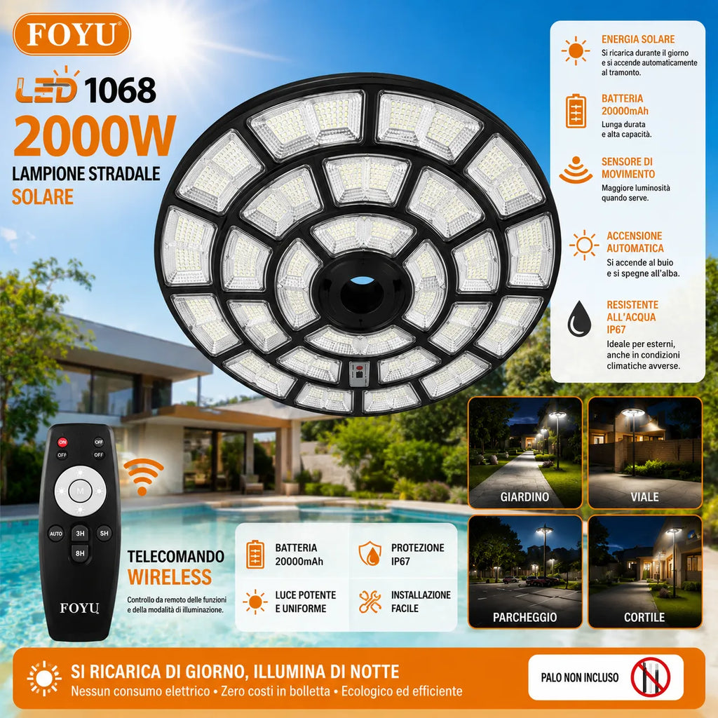 Lampione Solare Stradale a LED 2000W con Telecomando - Design UFO e Pannello Solare Integrato