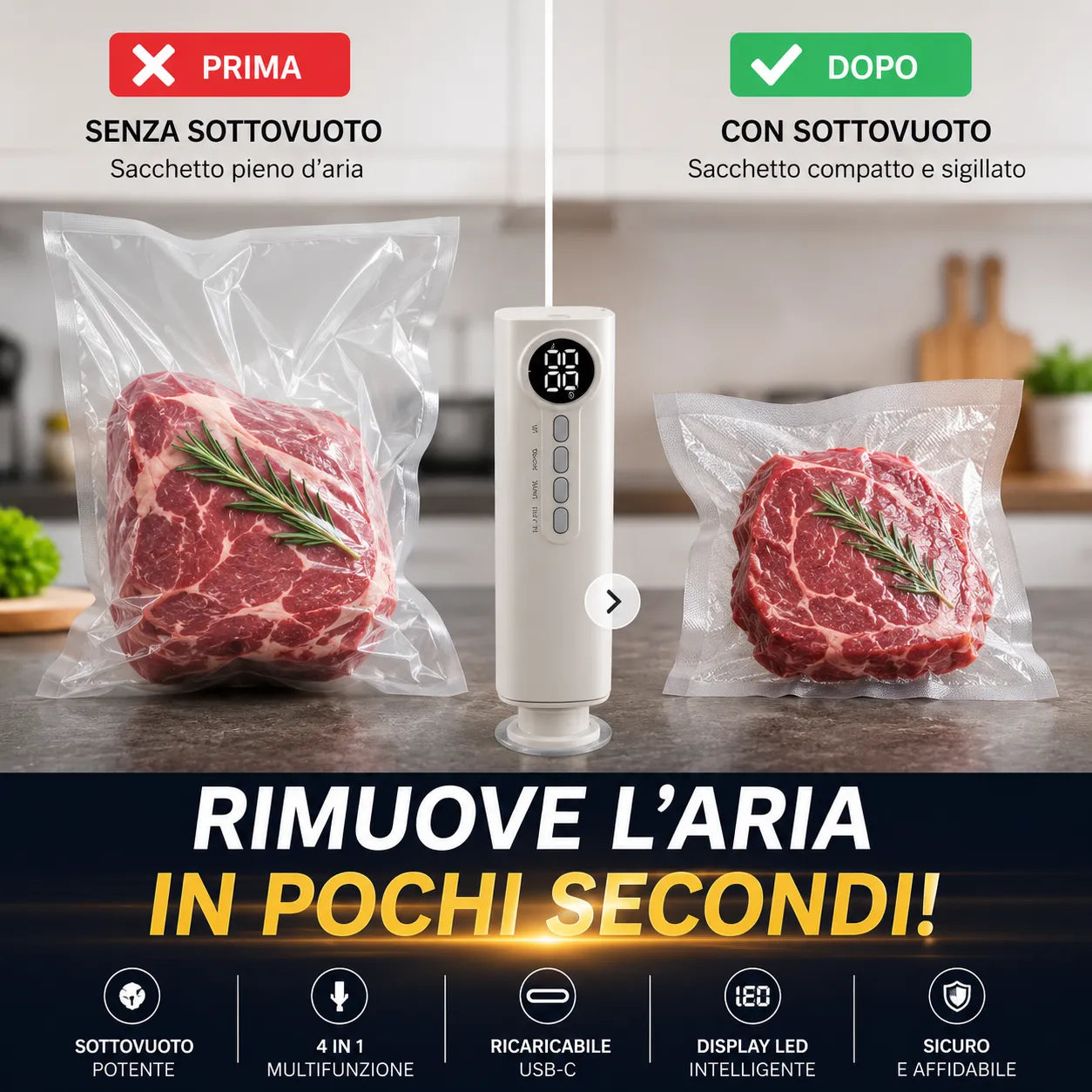 Macchina Sottovuoto Portatile Senza Fili Ricaricabile USB con Display LED Digitale | Sigillatrice Sottovuoto per Alimenti Umidi e Secchi Wet & Dry