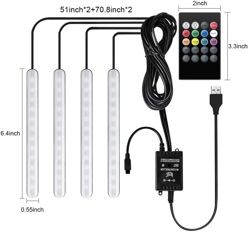 Striscia LED AutoLuci LED Interne per Auto con 48 LED RGB 4 Barre Striscia LED Auto 8 Colori Illuminazione Auto Strisce 4 Modalità Musica Telecomando  Alimentato da USB