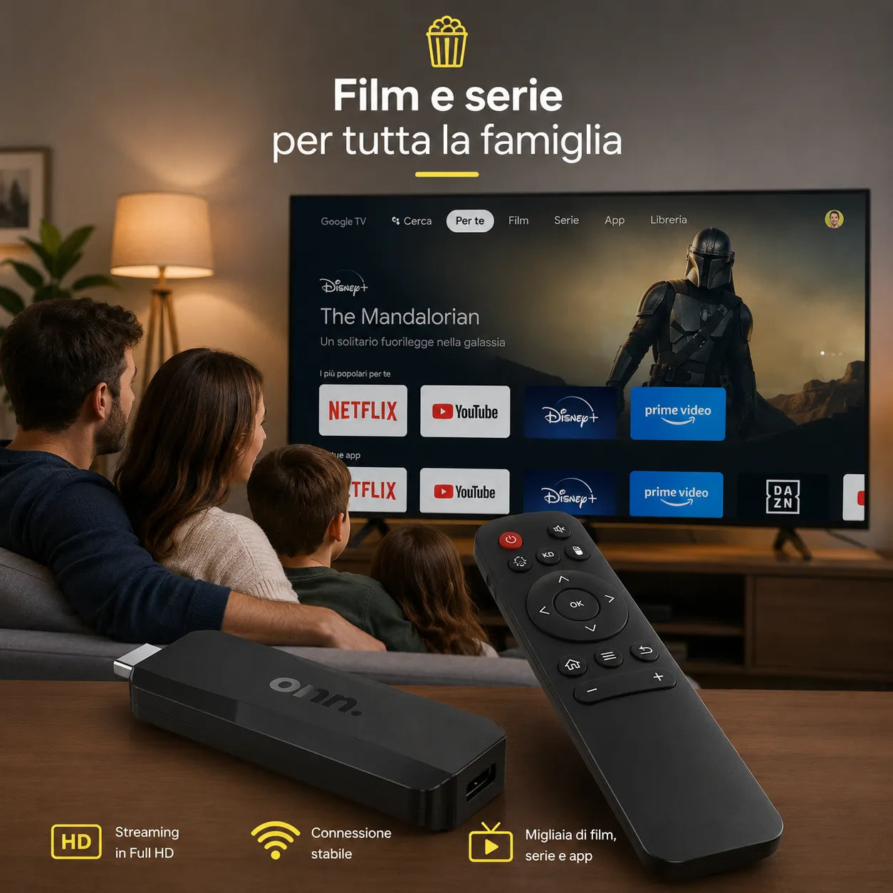 ONN Google TV Stick Full HD Android 15 Streaming HDMI WiFi Chromecast Integrato 8GB+128GB Telecomando Controllo Vocale