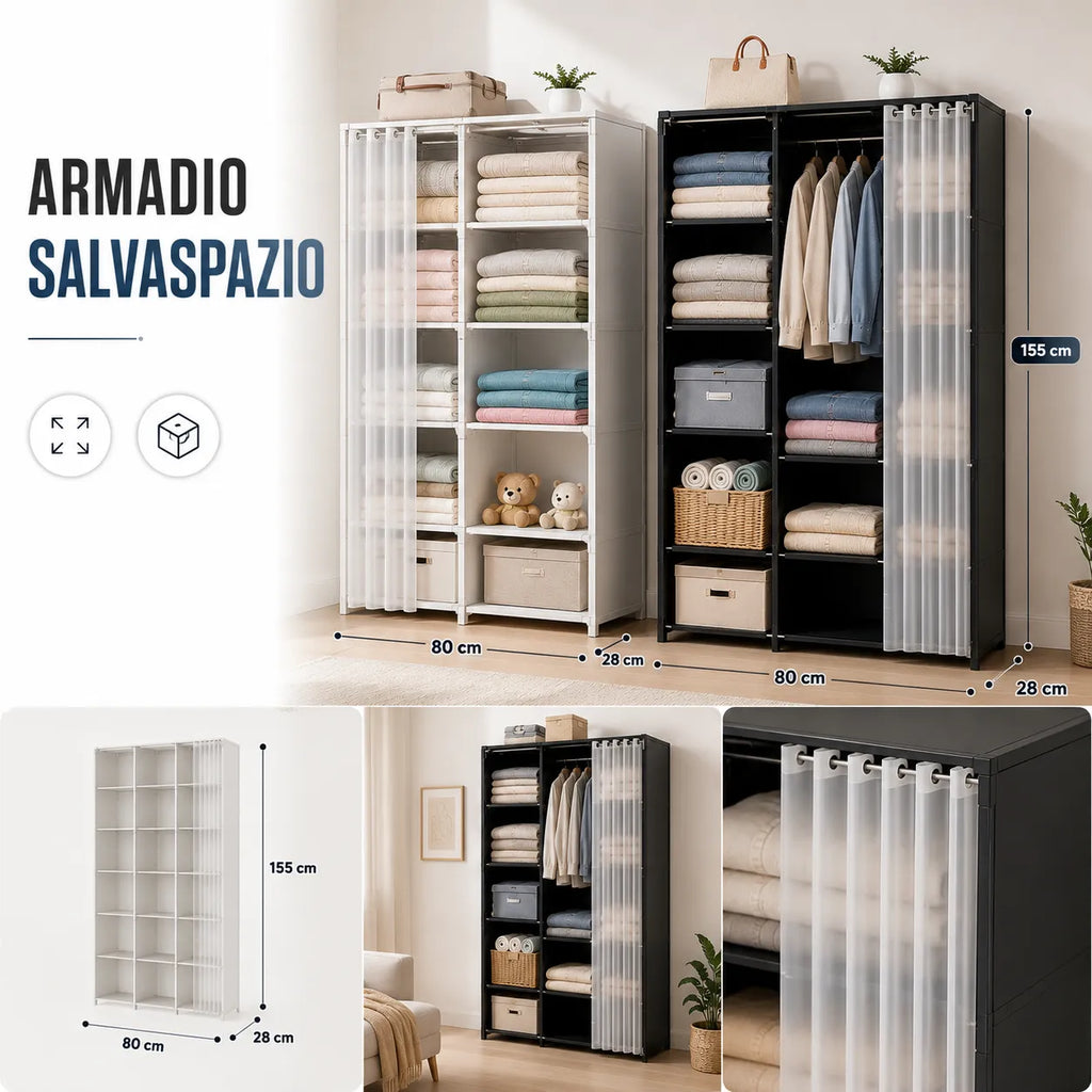 Armadio Guardaroba Salvaspazio con Tenda Scorrevole 155x80x28 cm – Organizzatore Multiuso per Camera, Cameretta e Lavanderia