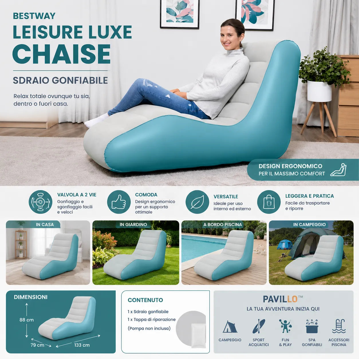 Sdraio Gonfiabile Bestway Leisure Luxe Chaise 133x79x88 cm | Poltrona Ergonomica da Interno ed Esterno | Gonfiaggio Rapido con Valvola a 2 Vie