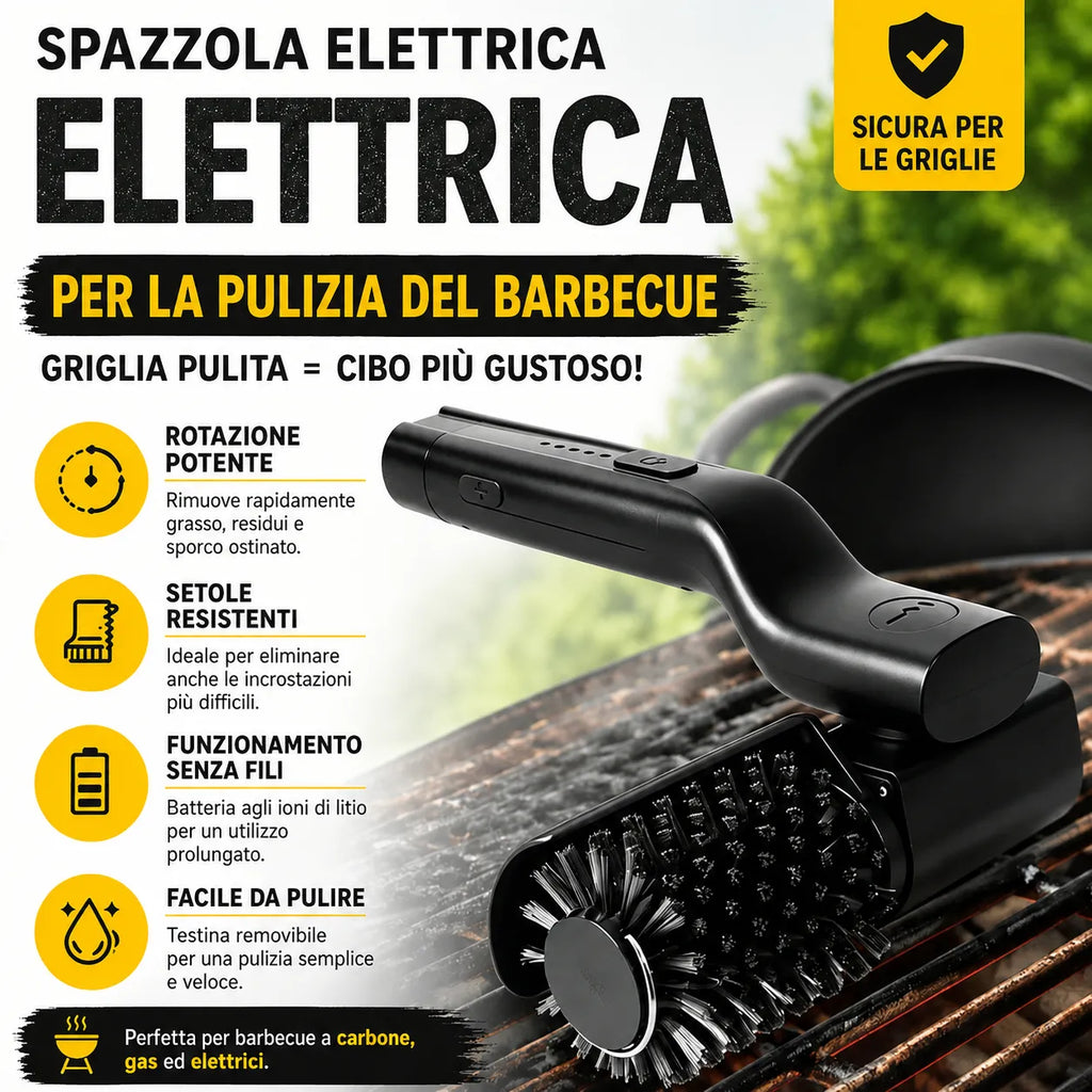 Spazzola Elettrica per Barbecue Ricaricabile USB-C – Testa Orientabile 180°, 3 Velocità, Doppia Testina in Acciaio e Lucidante, Batteria 2600mAh, Impermeabile IPX4, Pulizia Griglie BBQ