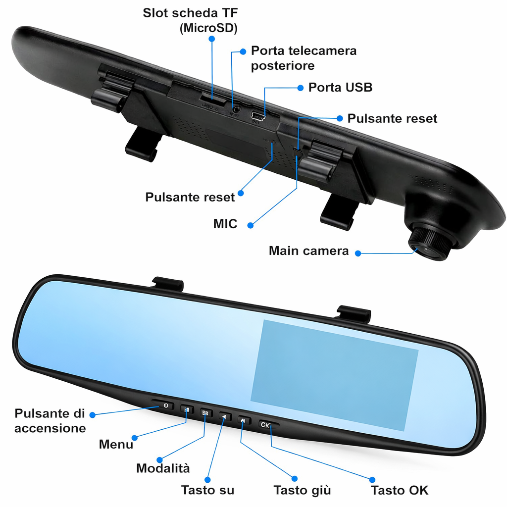 Telecamera per Auto Specchietto Retrovisore 4.3” Full HD 1080P – Dash Cam con Doppia Lente, Visione Notturna