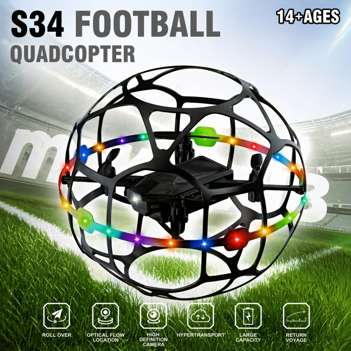 Drone S34 Football con LED Multicolor – Mini Drone a Sfera Anticollisione con Telecomando, Acrobazie 360°, Facile da Usare per Bambini e Principianti