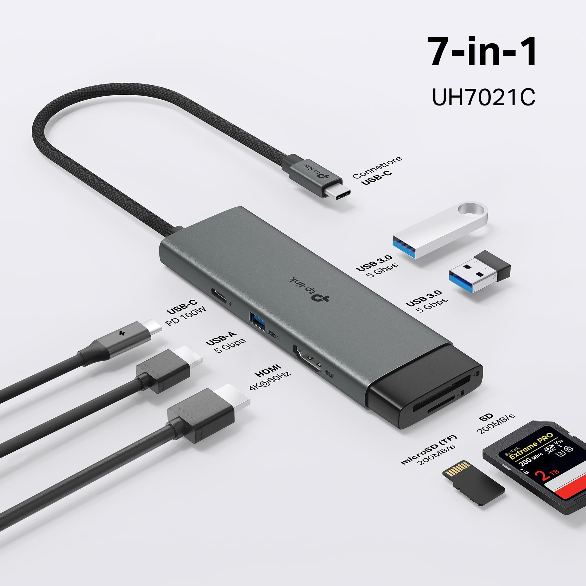 UH7021C Hub USB C 7 in 1, HDMI 4K@60Hz, SD & MicroSD UHS-I TP-Link Showroom viveresmart.store & augmentedrealityoffers.com - P. IVA 02867250694 - DI PENTA ALESSIO - VIALE NETTUNO 167, 66023, FRANCAVILLA AL MARE (CH) - REA CH-438573