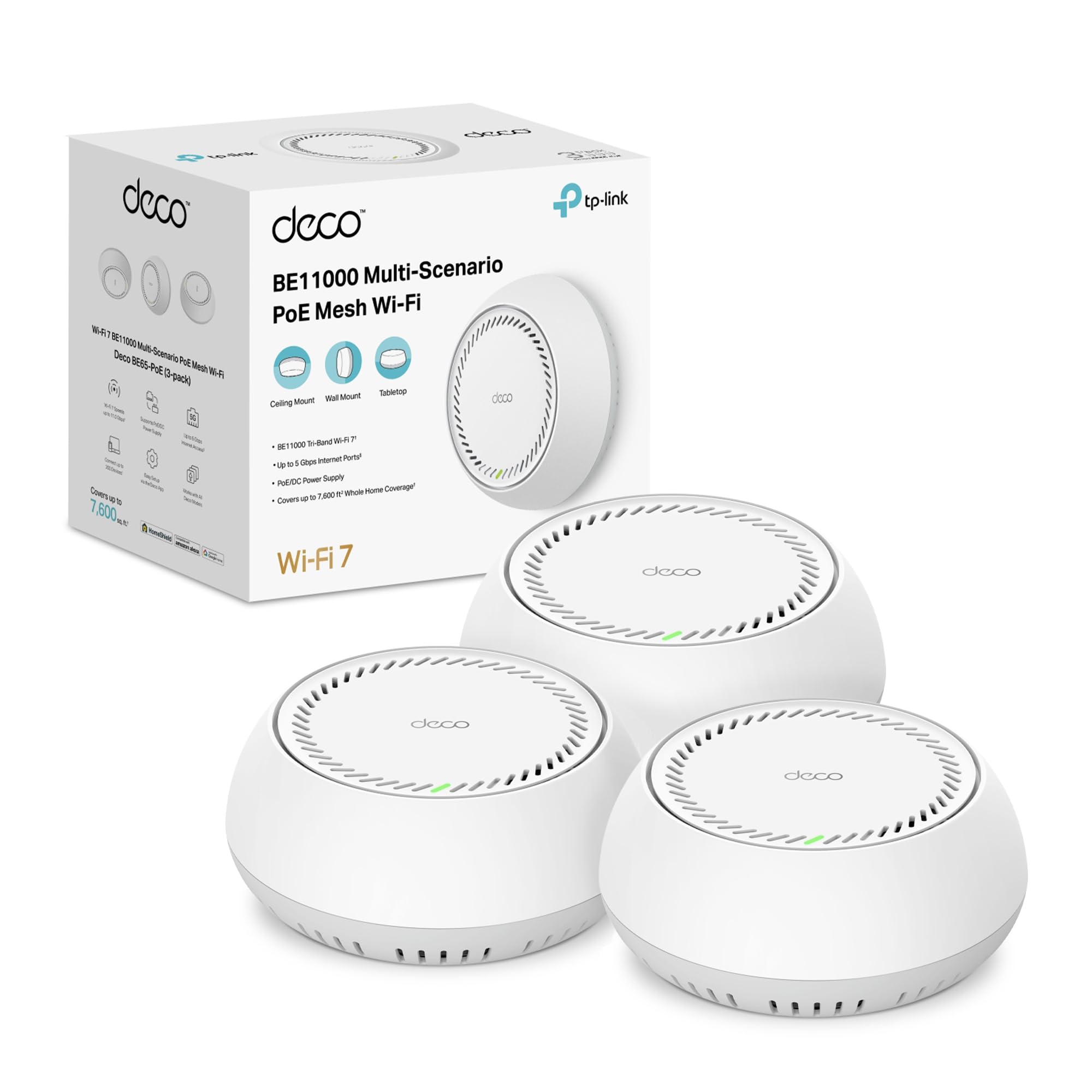 Deco BE65-PoE Sistema Mesh Wi-Fi 7 Tri-Band BE11000Mbps, 2 Porte 5Gbps, Supporto PoE, 3pz