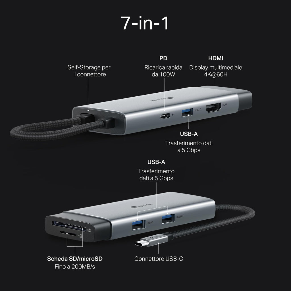 UH7021C Hub USB C 7 in 1, HDMI 4K@60Hz, SD & MicroSD UHS-I TP-Link Showroom viveresmart.store & augmentedrealityoffers.com - P. IVA 02867250694 - DI PENTA ALESSIO - VIALE NETTUNO 167, 66023, FRANCAVILLA AL MARE (CH) - REA CH-438573