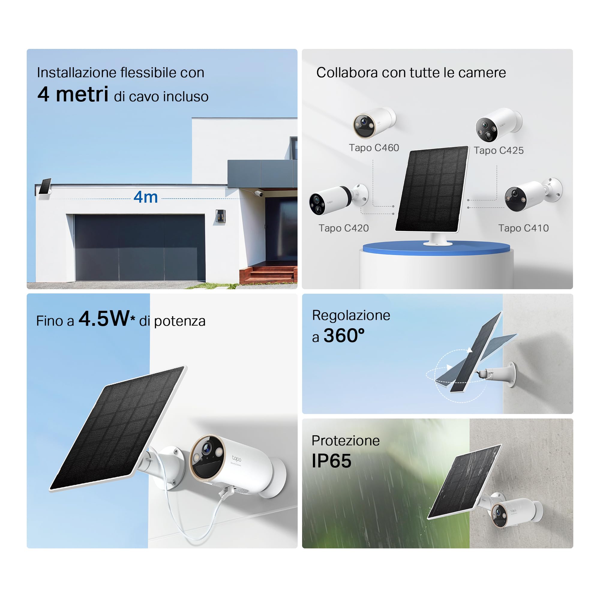 Tapo A202 Pannello Solare 4.5W per Telecamere a Batteria, IP65, Cavo 4m, Regolabile 360° TP-Link Showroom viveresmart.store & augmentedrealityoffers.com - P. IVA 02867250694 - DI PENTA ALESSIO - VIALE NETTUNO 167, 66023, FRANCAVILLA AL MARE (CH) - REA CH-438573