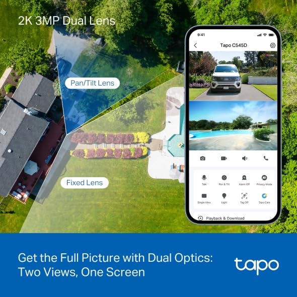 Tapo C545D Telecamera Wi-Fi Esterno/Interno Doppio Obbiettivo 2K 3MP, 360° Visuale, Visione Notturna a Colori, Rilevamento AI,⚠️Non a batteria