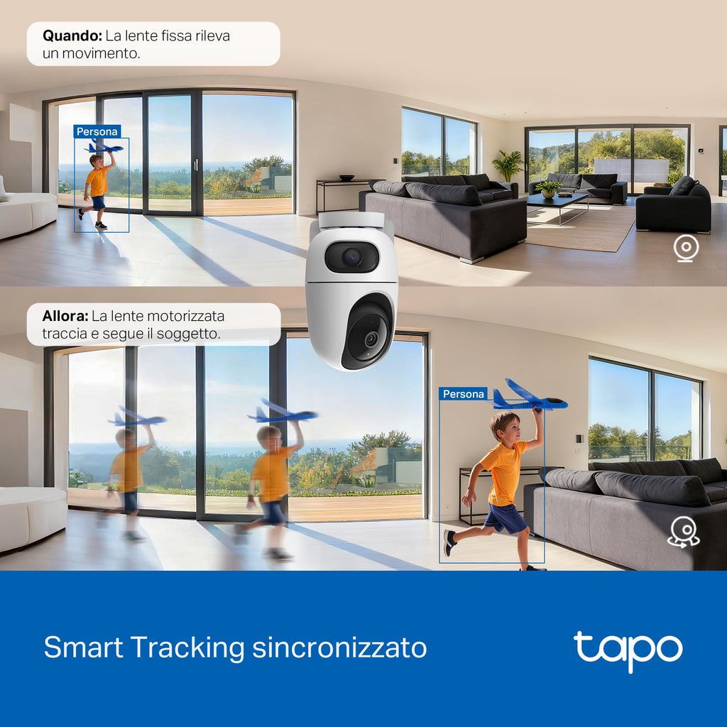 Tapo C245D Telecamera Wi-Fi Interno Doppio Obiettivo 2K+2K 4MP, 360° Visuale, Visione Notturna IR, ⚠️Non a batteria