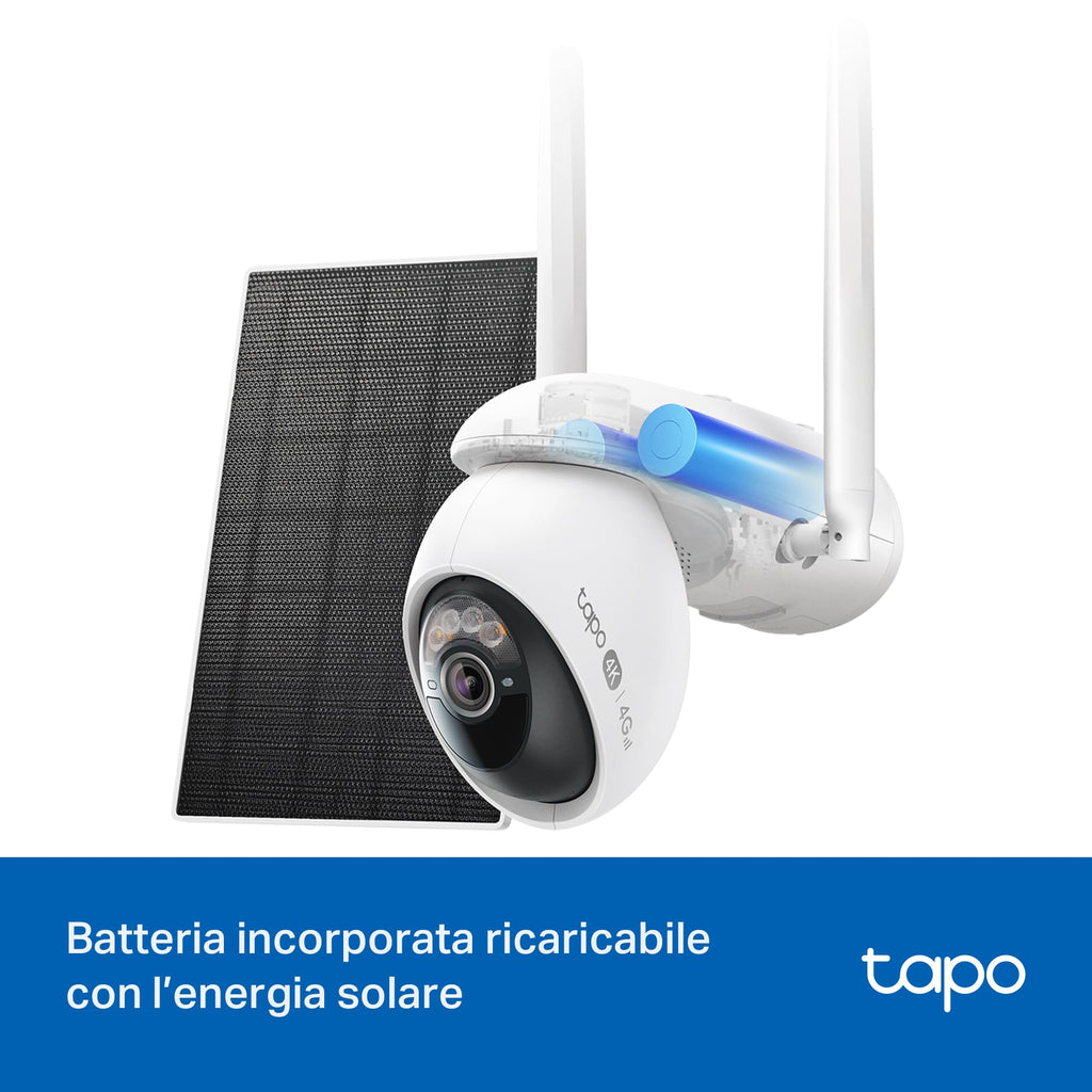 Tapo C665G KIT Telecamera 4G LTE da Esterno 4K 8MP con Pannello Solare, Pan/Tilt, Visione Notturna a Colori, Rilevamento AI, Registrazione 24/7