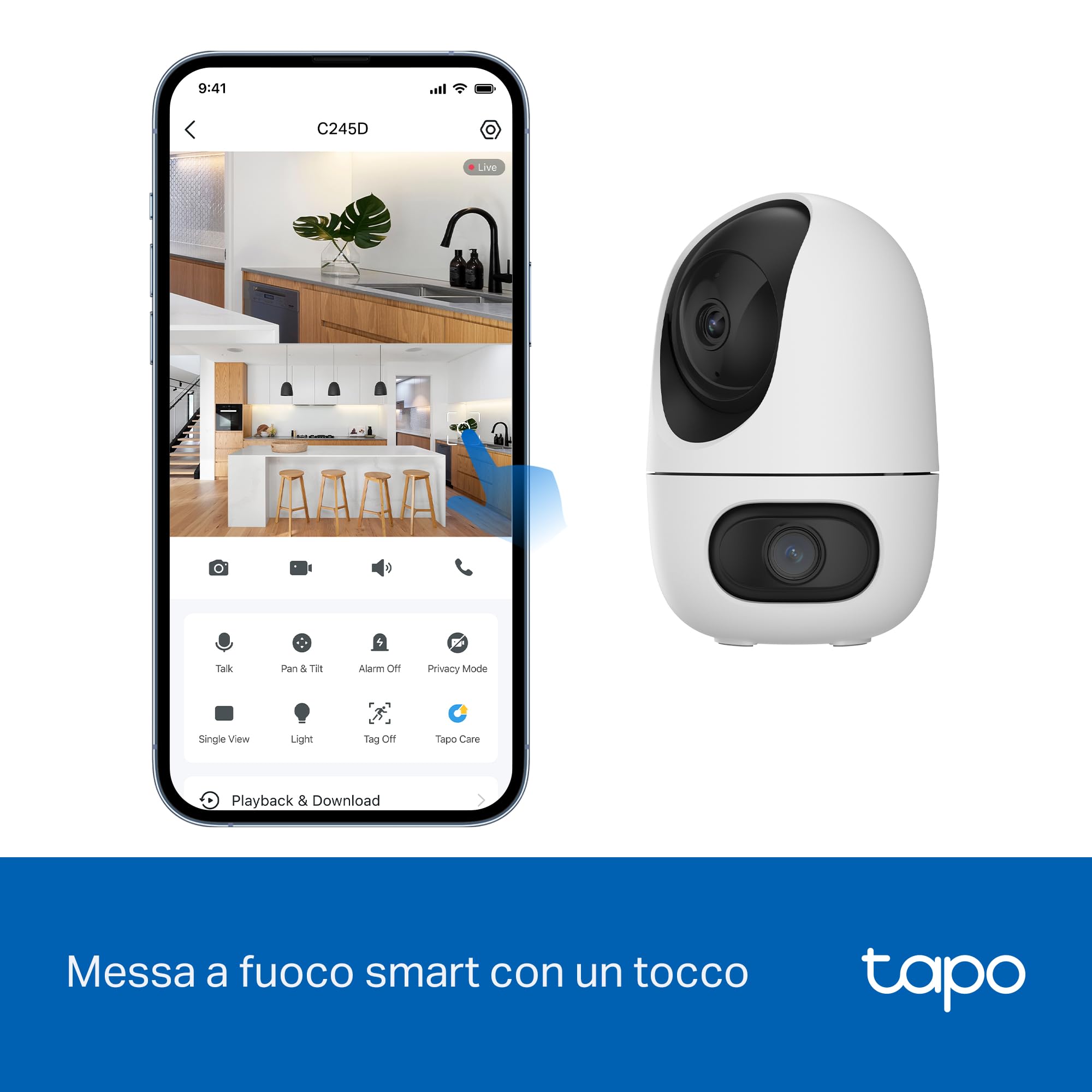 Tapo C245D Telecamera Wi-Fi Interno Doppio Obiettivo 2K+2K 4MP, 360° Visuale, Visione Notturna IR, ⚠️Non a batteria