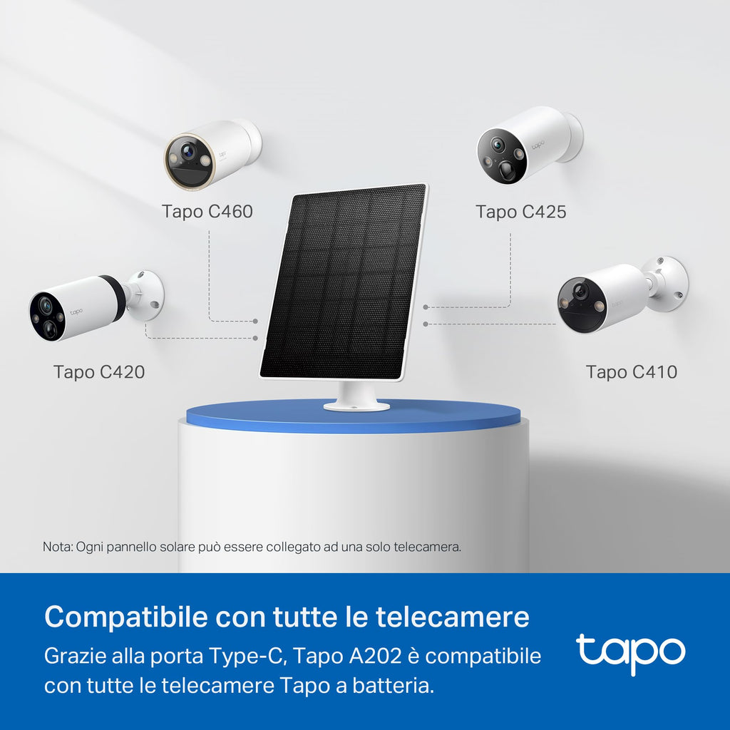 Tapo A202 Pannello Solare 4.5W per Telecamere a Batteria, IP65, Cavo 4m, Regolabile 360° TP-Link Showroom viveresmart.store & augmentedrealityoffers.com - P. IVA 02867250694 - DI PENTA ALESSIO - VIALE NETTUNO 167, 66023, FRANCAVILLA AL MARE (CH) - REA CH-438573