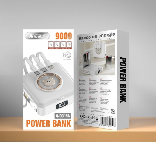 Power Bank Portatile Andowl Q-DC154 9000mAh con Display Digitale e Cavi Integrati