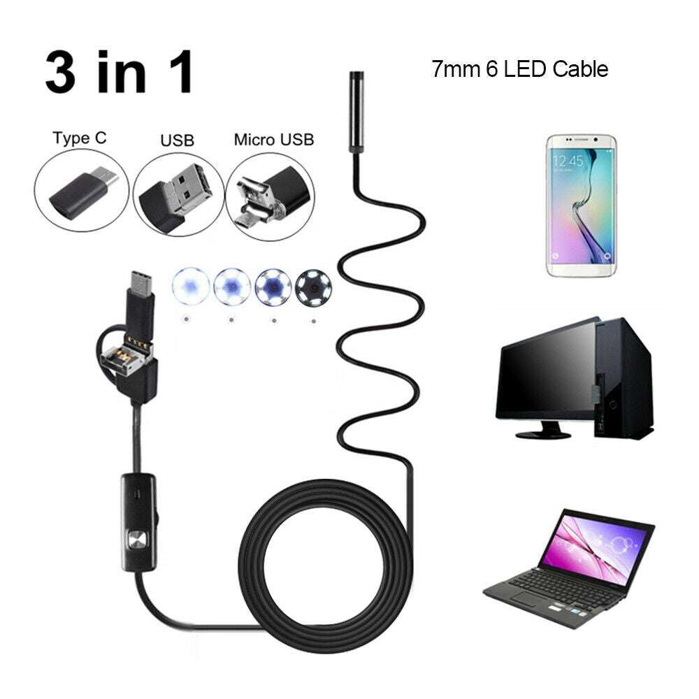 Endoscopio 3 in 1 USB/Type-C Boroscopio d'ispezione con fotocamera impermeabile cavo rigido 5 m  per Android Phone PC,