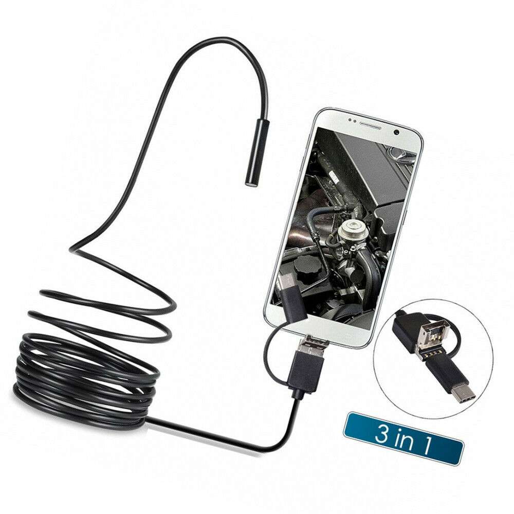 Endoscopio 3 in 1 USB/Type-C Boroscopio d'ispezione con fotocamera impermeabile cavo rigido 5 m  per Android Phone PC,